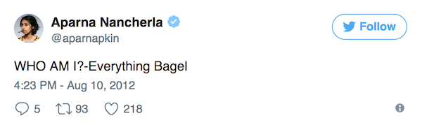 Aparna Nancherla Tweets Bagel